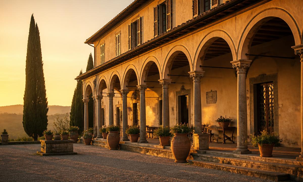 Biệt thự cổ điển Ý với hành lang vòm mở Loggia lúc hoàng hôn