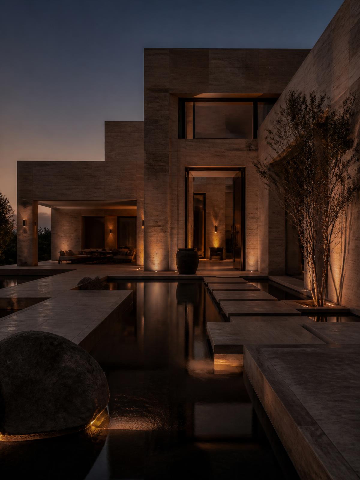 Dinh thự đương đại với tường đá Travertine ấm màu vào lúc chạng vạng